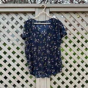 Ann Taylor Blue Floral Short Sleeve Blouse - XL